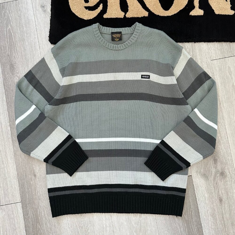 Vintage Y2K Southpole Men's Striped Gray/Black/White Knit Sweater - Size XL